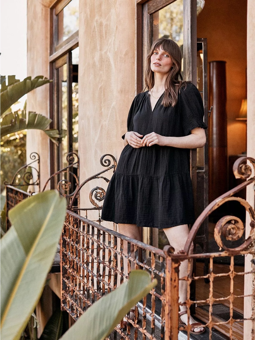Velvet by Graham & Spencer Clarissa‎ Cotton Gauze Tiered Dress Black Size Large